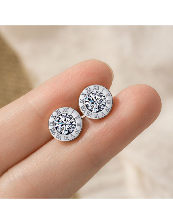 Jewels Galaxy Silver Plated Stainless Steel Circular CZ Studded Roman Numerals Stud Earrings