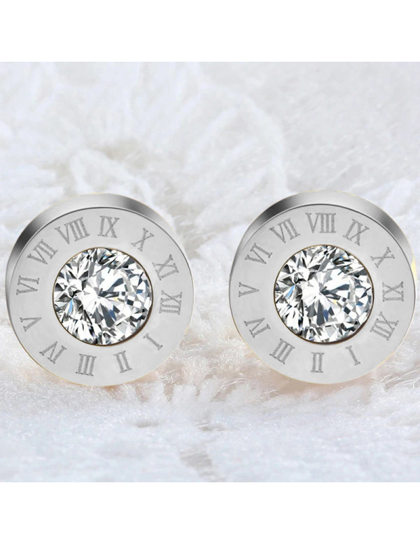 Jewels Galaxy Silver Plated Stainless Steel Circular CZ Studded Roman Numerals Stud Earrings