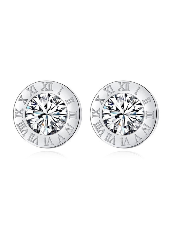 Jewels Galaxy Silver Plated Stainless Steel Circular CZ Studded Roman Numerals Stud Earrings