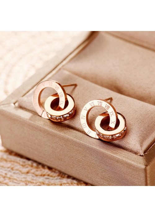 Jewels Galaxy Rose Gold Plated Stainless Steel Circular CZ Studded Roman Numerals Hoop Earrings