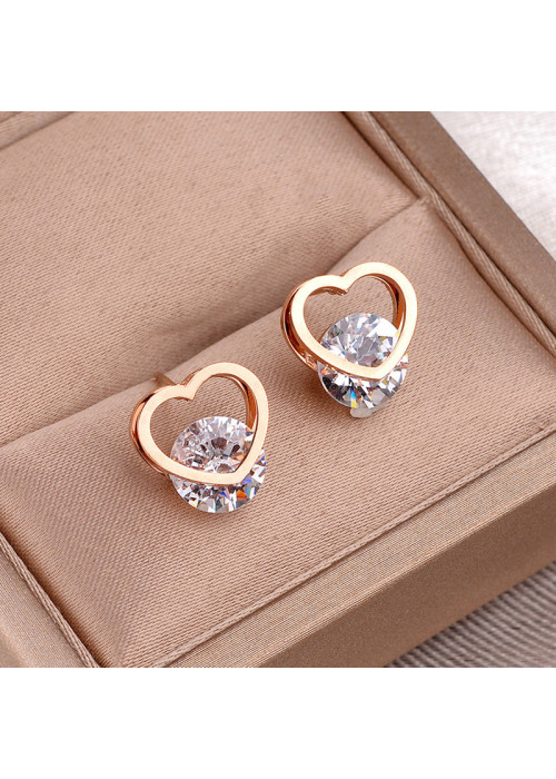 Jewels Galaxy Rose Gold Plated Stainless Steel CZ studded Heart Themed Stud Earrings