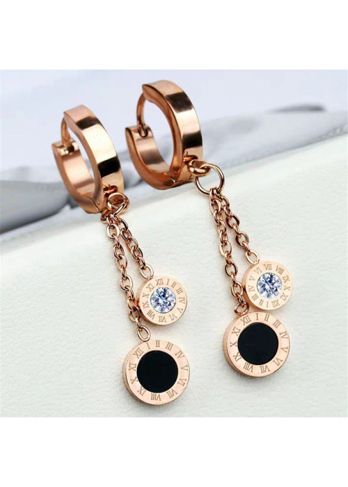 Jewels Galaxy Rose Gold Plated Stainless Steel Circular CZ Studded Roman Numerals Dual Drop Earrings