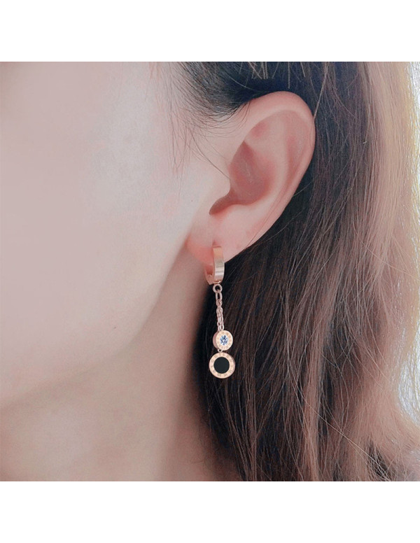 Jewels Galaxy Rose Gold Plated Stainless Steel Circular CZ Studded Roman Numerals Dual Drop Earrings