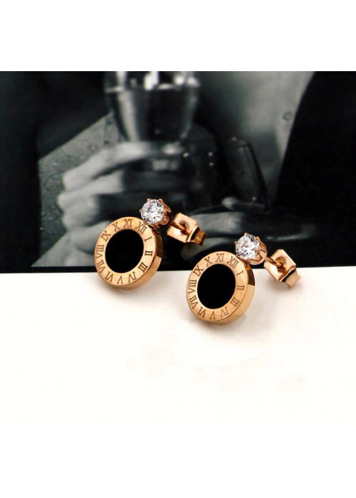 Jewels Galaxy Rose Gold Plated Stainless Steel CZ Studded Black Center Roman Numerals Stud Earrings