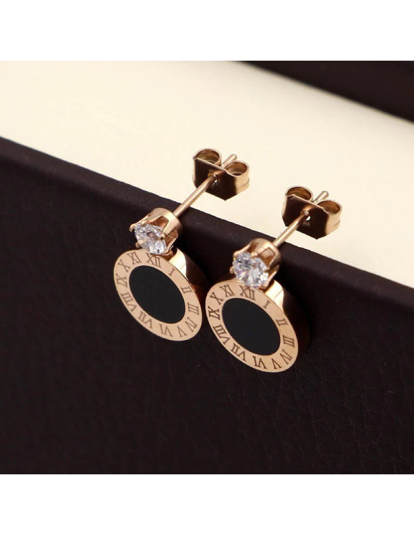 Jewels Galaxy Rose Gold Plated Stainless Steel CZ Studded Black Center Roman Numerals Stud Earrings