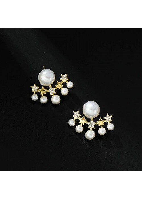 Jewels Galaxy Gold Plated Korean Five-Stars AD Pearl Stud Earrings