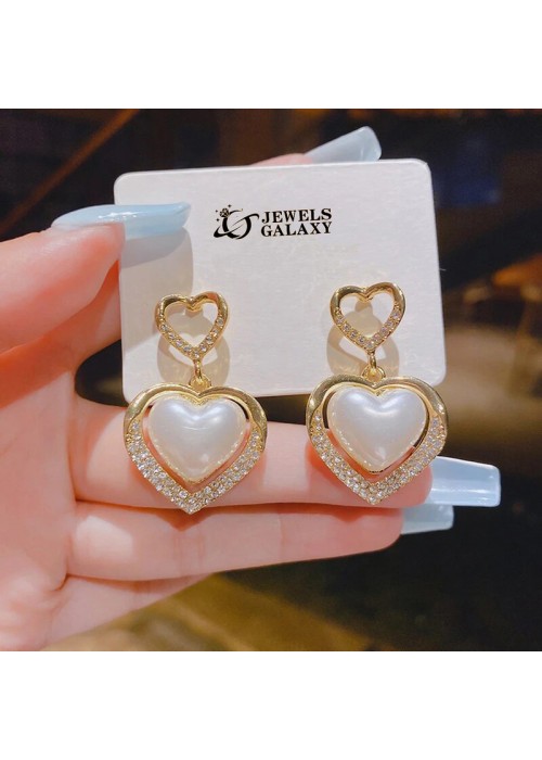 Jewels Galaxy Gold Plated Korean Marvelous Dual Hearts Pearl Drop Earrings