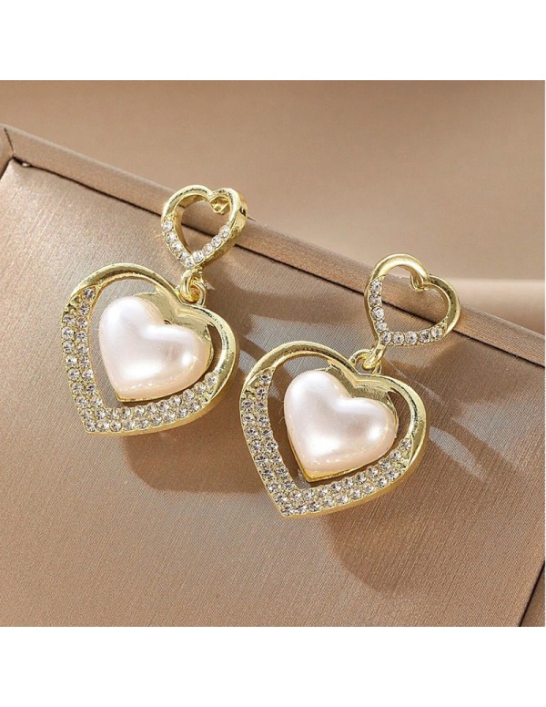 Jewels Galaxy Gold Plated Korean Marvelous Dual Hearts Pearl Drop Earrings