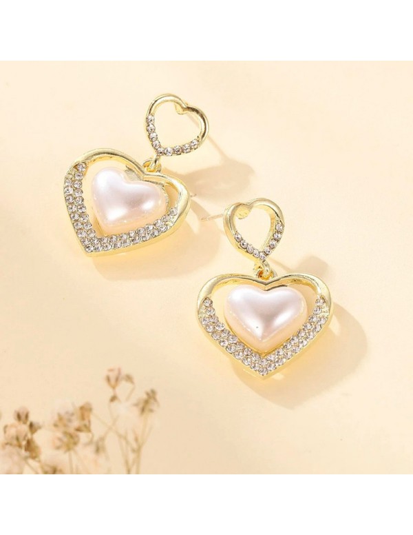 Jewels Galaxy Gold Plated Korean Marvelous Dual Hearts Pearl Drop Earrings