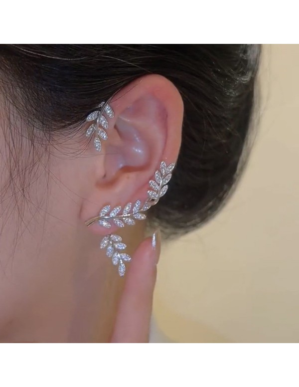 Jewels Galaxy Silver Plated Korean Ear Cuffs With Leaf Theme Stud Earrings