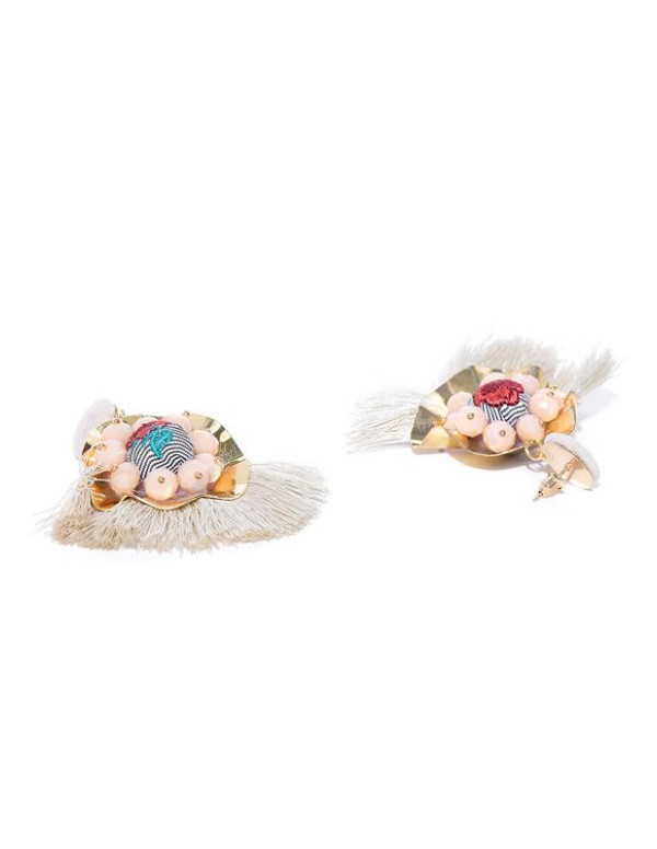 Jewels Galaxy Off-White & Peach-Coloured Gold-Plated Handcrafted Floral Drop Earrings 35064