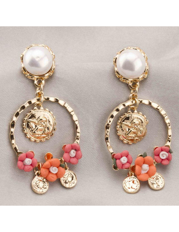 Jewels Galaxy Peach-Coloured Luxuria Gold-Plated Handcrafted Floral Drop Earrings 9594