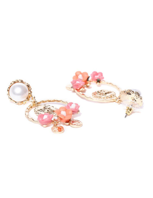 Jewels Galaxy Peach-Coloured Luxuria Gold-Plated Handcrafted Floral Drop Earrings 9594