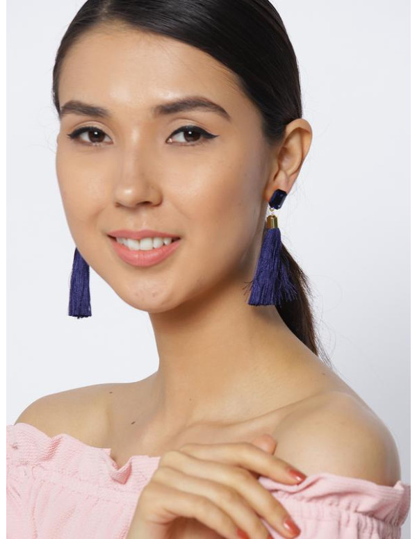 Jewels Galaxy Navy Blue Stone-Studded Tasseled Drop Earrings 9705