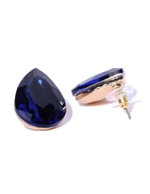 Jewels Galaxy Navy Blue Gold-Plated Stone-Studded Teardrop Shaped Oversized Studs  9826