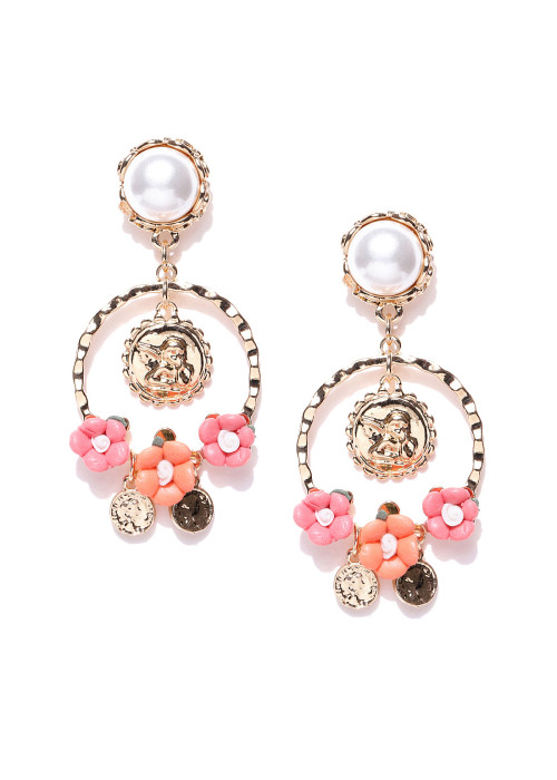 Jewels Galaxy Peach-Coloured Luxuria Gold-Plated Handcrafted Floral Drop Earrings 9594