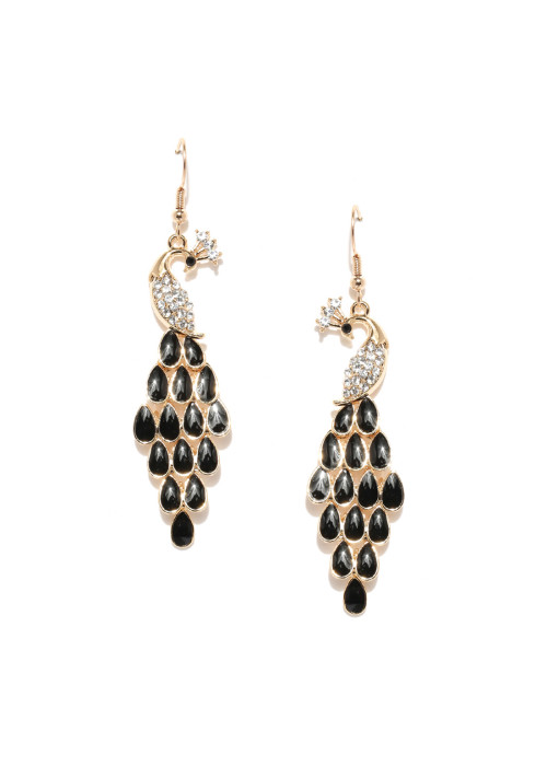 Jewels Galaxy Black Gold-Plated Handcrafted Peacock Shaped Drop Earrings 9650