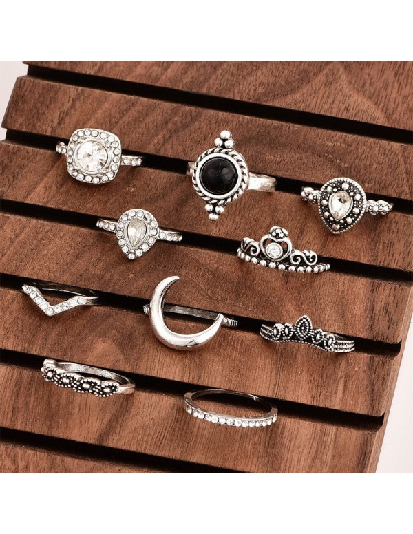 Jewels Galaxy Stone Studded Silver Plated Stackable Rings Set of 11