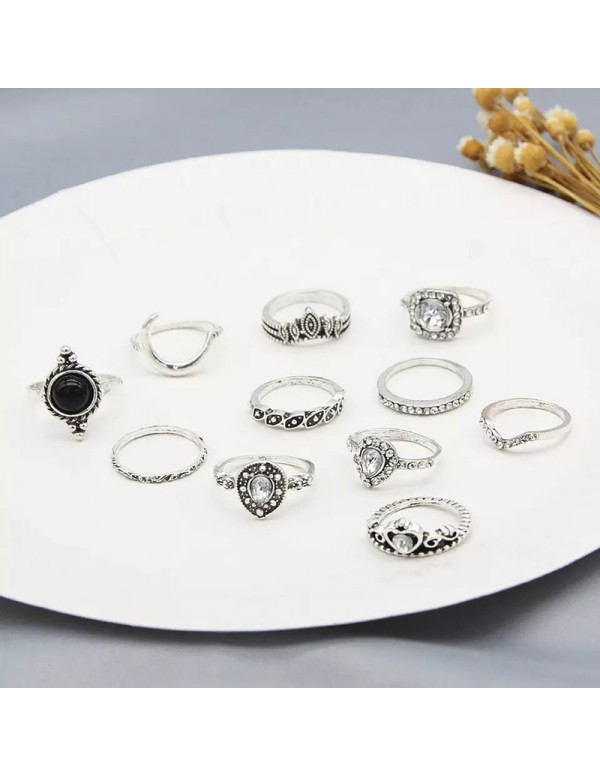 Jewels Galaxy Stone Studded Silver Plated Stackable Rings Set of 11