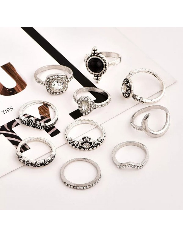 Jewels Galaxy Stone Studded Silver Plated Stackable Rings Set of 11