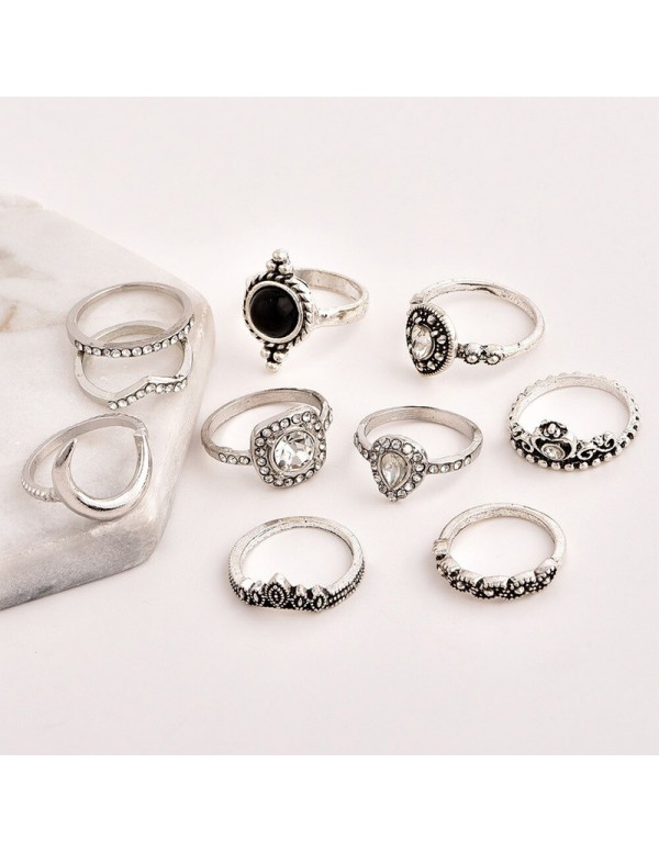 Jewels Galaxy Stone Studded Silver Plated Stackable Rings Set of 11