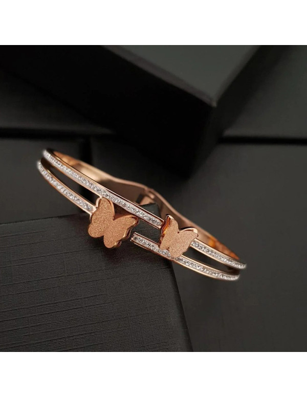 Jewels Galaxy Stainless Steel Rose Gold Plated Butterfly inspired American Diamond Studded Bracelet