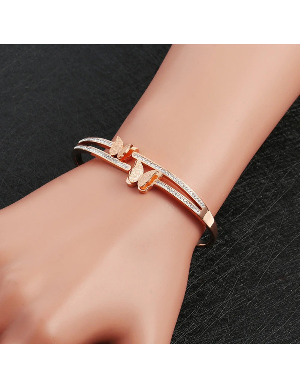 Jewels Galaxy Stainless Steel Rose Gold Plated Butterfly inspired American Diamond Studded Bracelet