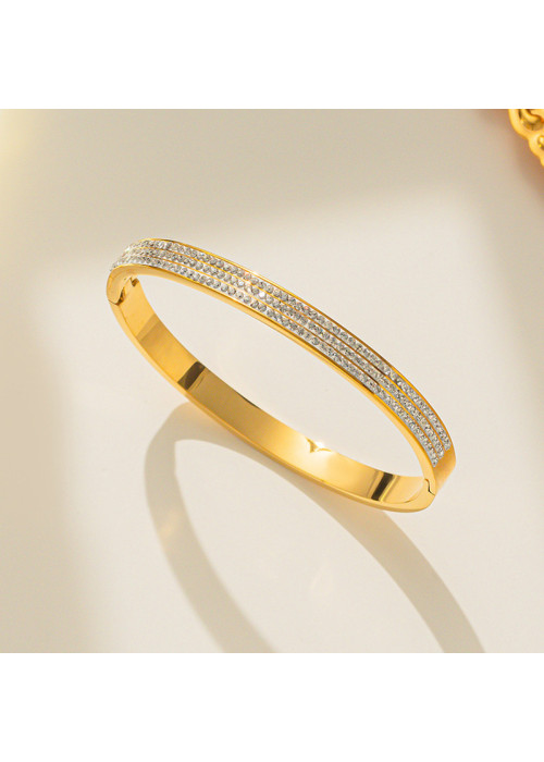 Jewels Galaxy Stainless Steel Gold Plated Triple Lines American Diamond Studded Contemporary Bracelet