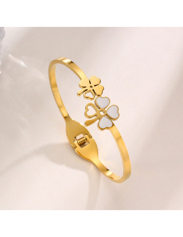 Jewels Galaxy Stainless Steel Gold Plated Mother Of Pearls Dual Flower Openable Floral Bracelet