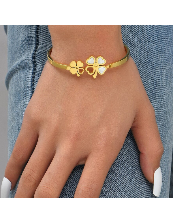 Jewels Galaxy Stainless Steel Gold Plated Mother Of Pearls Dual Flower Openable Floral Bracelet