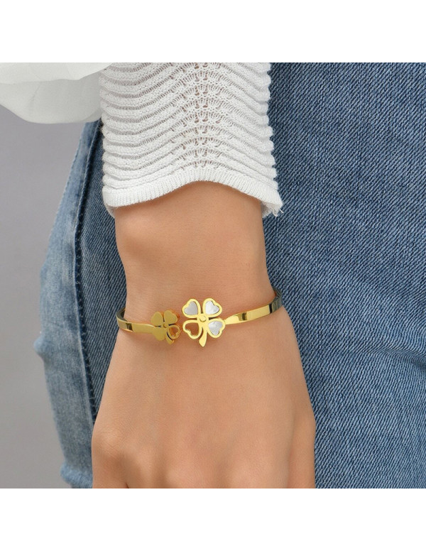 Jewels Galaxy Stainless Steel Gold Plated Mother Of Pearls Dual Flower Openable Floral Bracelet