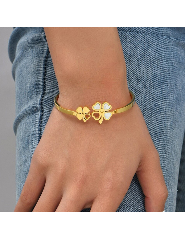 Jewels Galaxy Stainless Steel Gold Plated Mother Of Pearls Dual Flower Openable Floral Bracelet