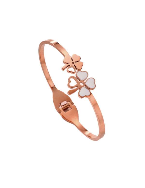 Jewels Galaxy Stainless Steel Rose Gold Plated Mother Of Pearls Dual Flower Openable Floral Bracelet