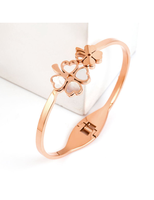 Jewels Galaxy Stainless Steel Rose Gold Plated Mother Of Pearls Dual Flower Openable Floral Bracelet