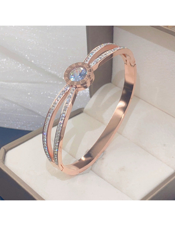 Jewels Galaxy Stainless Steel Rose Gold Plated Roman Numerals American Diamond Studded Bracelet