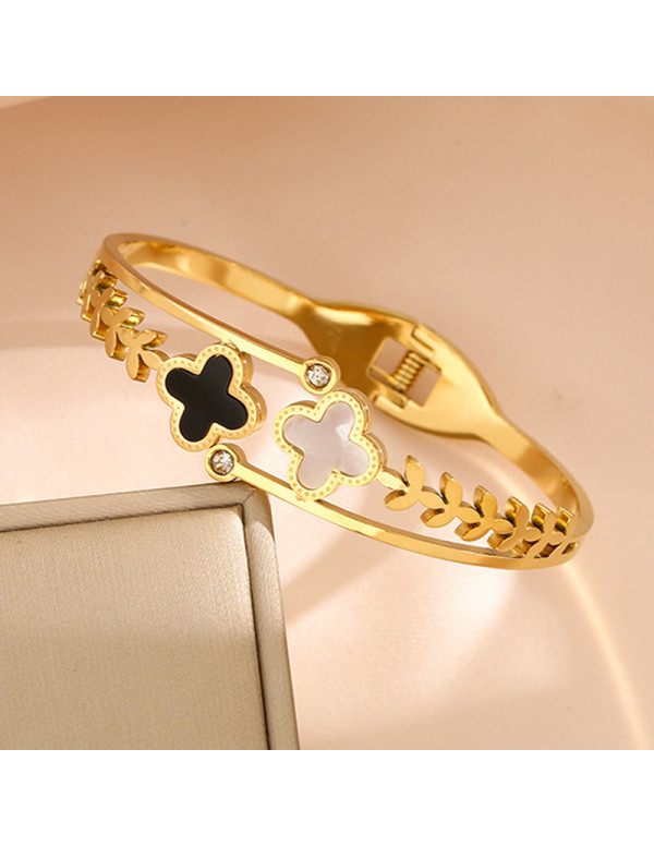 Jewels Galaxy Stainless Steel Gold Plated Mother Of Pearls Two Clover Leaf Irish Design Bracelet