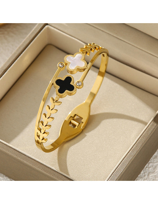 Jewels Galaxy Stainless Steel Gold Plated Mother Of Pearls Two Clover Leaf Irish Design Bracelet