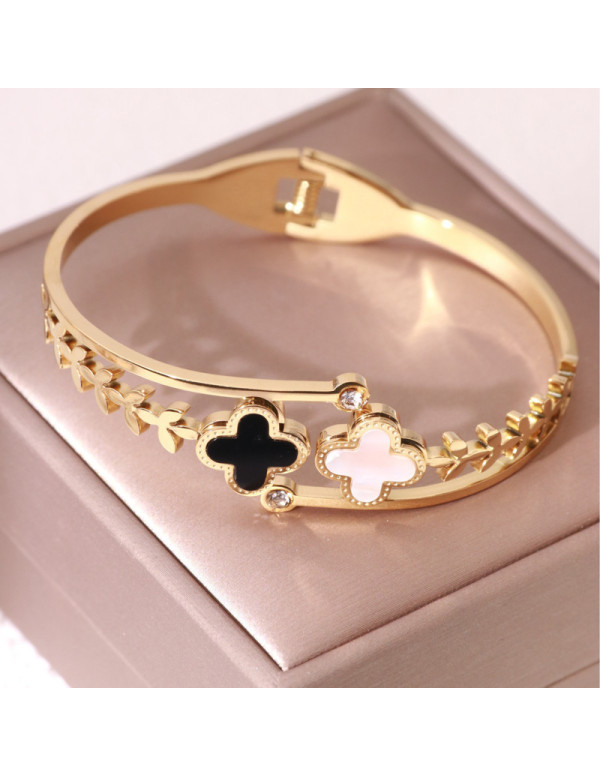 Jewels Galaxy Stainless Steel Gold Plated Mother Of Pearls Two Clover Leaf Irish Design Bracelet