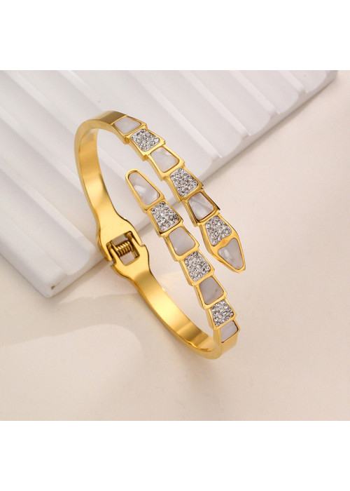 Jewels Galaxy Stainless Steel Gold Plated Mother Of Pearl Snake Styled AD Studded Bracelet