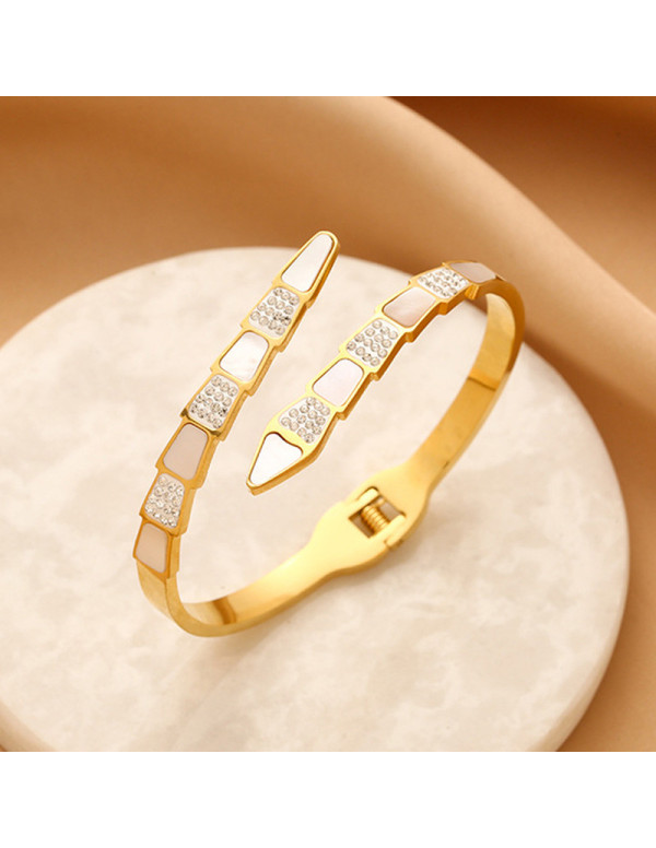 Jewels Galaxy Stainless Steel Gold Plated Mother Of Pearl Snake Styled AD Studded Bracelet