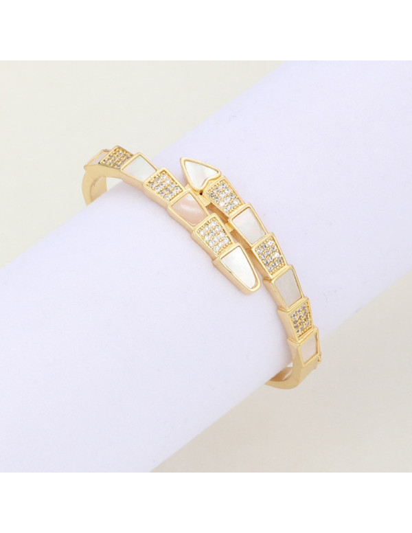 Jewels Galaxy Stainless Steel Gold Plated Mother Of Pearl Snake Styled AD Studded Bracelet