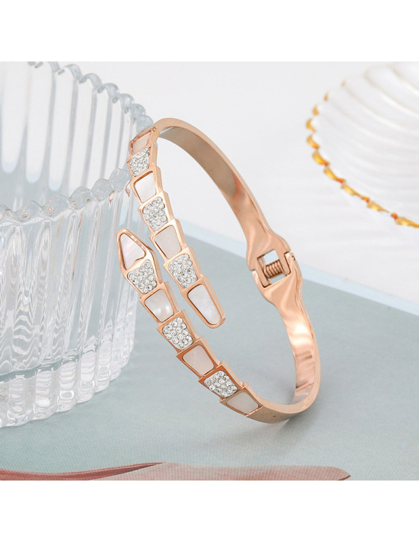 Jewels Galaxy Stainless Steel Rose Gold Plated Mother Of Pearl Snake Styled AD Studded Bracelet