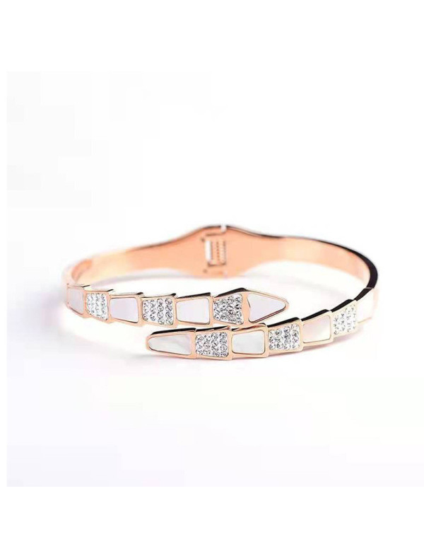 Jewels Galaxy Stainless Steel Rose Gold Plated Mother Of Pearl Snake Styled AD Studded Bracelet