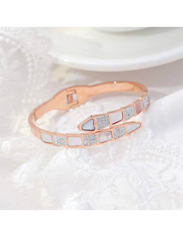 Jewels Galaxy Stainless Steel Rose Gold Plated Mother Of Pearl Snake Styled AD Studded Bracelet