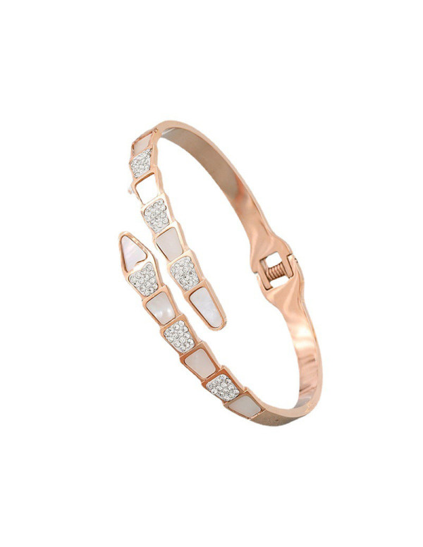 Jewels Galaxy Stainless Steel Rose Gold Plated Mother Of Pearl Snake Styled AD Studded Bracelet