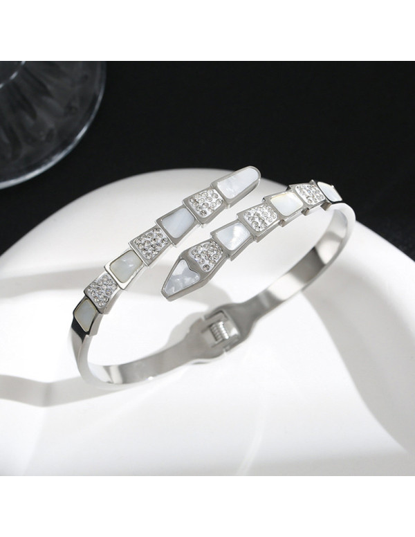 Jewels Galaxy Stainless Steel Silver Plated Mother Of Pearl Snake Styled AD Studded Bracelet