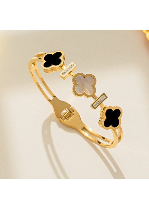 Jewels Galaxy Stainless Steel Gold Plated Mother Of Pearls Three Clover Leaf Irish Design Bracelet