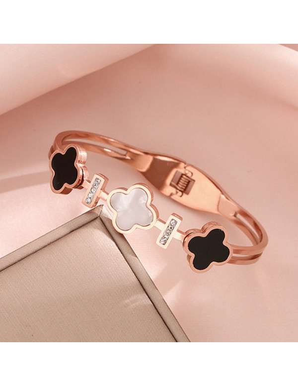 Jewels Galaxy Stainless Steel Rose Gold Plated Mother Of Pearls Three Clover Leaf Irish Design Bracelet