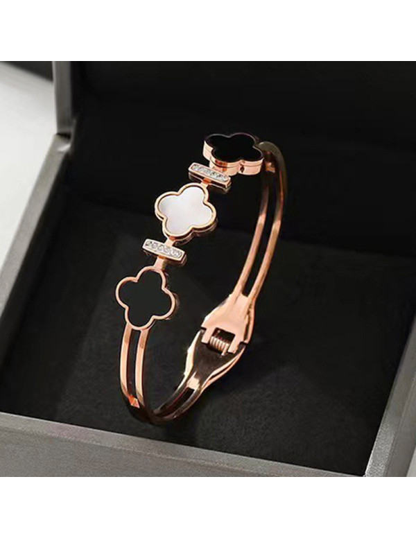 Jewels Galaxy Stainless Steel Rose Gold Plated Mother Of Pearls Three Clover Leaf Irish Design Bracelet