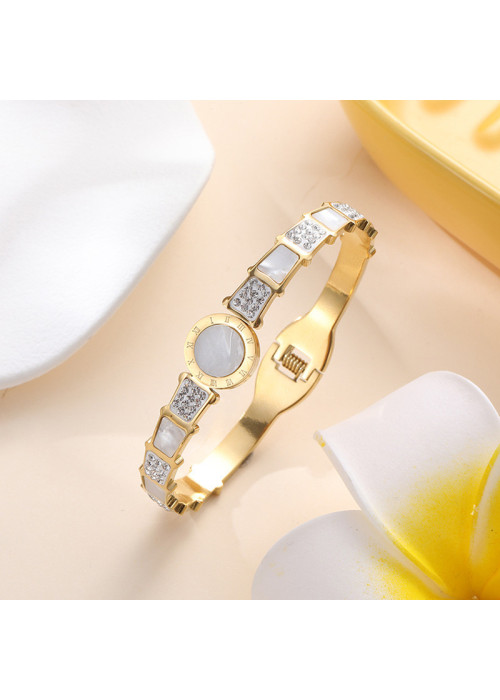 Jewels Galaxy Stainless Steel Gold Plated Mother Of Pearl Roman Numerals AD Studded Bracelet